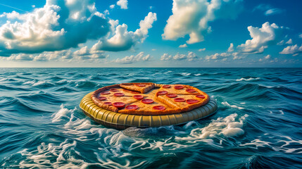 Giant pizza floating on top of the ocean in the middle of the day.
