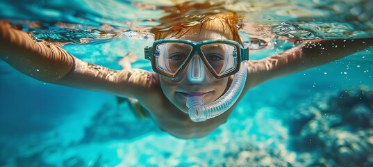 Fototapeta premium boy with a mask swims underwater in the sea