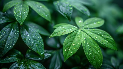  leaves with water droplets in the foreground