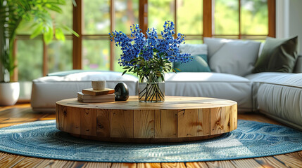 Blue flower in vase on table in contemporary living room