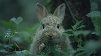 Fototapeta premium A close-up of a bunny rabbit surrounded by tall grass and a leafy plant in the background