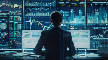 Algorithmic Trading Research Analyzing Market Volatility with Data Visualizations and Research Papers Back View of Academic Scholar Working on Computer