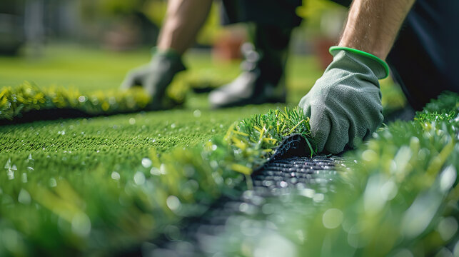 close-up of a man's hands in gloves laying green artificial turf on his property