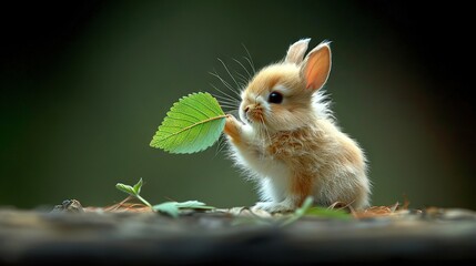   Rabbit clutching leaf, perched on dirt mound against green backdrop