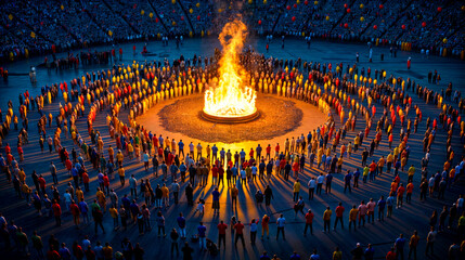 Group of people standing in front of fire pit in stadium. - Powered by Adobe