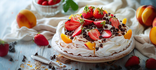 Obraz na płótnie Canvas Pavlova cake with fresh strawberries and peaches with chocolate chips