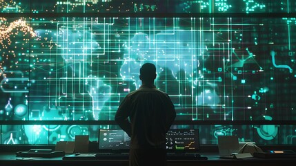 Mastering Complexity Expert Analyzing Data on Giant Screen with Complex Algorithms Back View