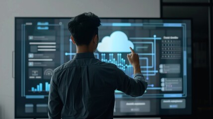 Cuttingedge Cloud Management Person Operating Interactive Touchscreen from Behind
