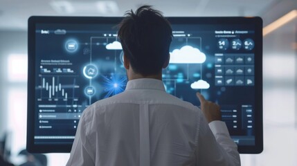 Cuttingedge Cloud Management Person Operating Interactive Touchscreen from Behind