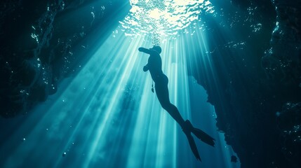 Sunlit Serenity Ethereal Silhouette of Free Diver Emerging from Crystal Blue Depths