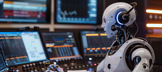 AI humanoid robot working in a radio station studio