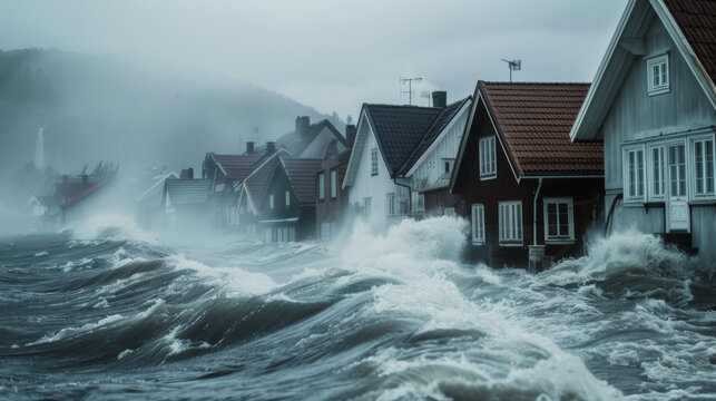 A breached sea wall with ocean waves crashing into homes