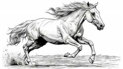   A monochromatic depiction of a horse mid-gallop, with both its front and rear limbs elevated above the ground - obrazy, fototapety, plakaty
