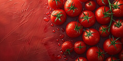 A cluster of fresh, red tomatoes on a vine, sprinkled with water droplets on a textured red background.