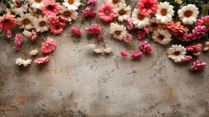 concrete beige wall with pink flower buds. copy space banner