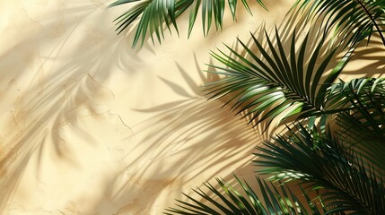 Fototapeta na wymiar Beige background with shadow and palm leaves