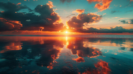 A beautiful sunset over the ocean with the sun reflecting on the water