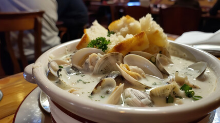 Delicious Clam Chowder Presentation, Culinary World Tour, Food and Street Food