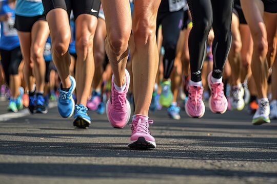 Runners in a city marathon race wearing colorful clothing and shoes. Low angle view shows their legs and energy as they run forward, capturing the races excitement