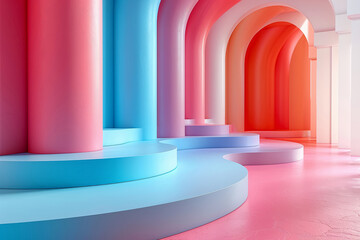 Arches, columns and podiums 3d background, pastel colors, minimalistic