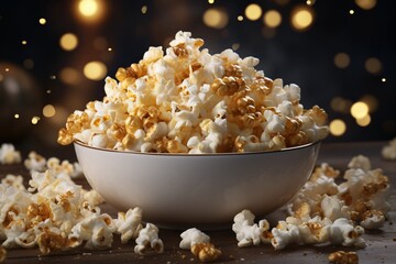 A bowl of popcorn with some pieces scattered around, set against a warm, blurred background with sparkling lights.