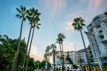 Naklejka premium Sunny awe morning in Cannes - street with buildings and luxury stores at bottom