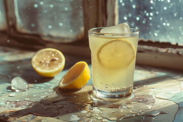 A glass of vibrant sparkling lemonade standing on a window sill, sun shining in - obrazy, fototapety, plakaty