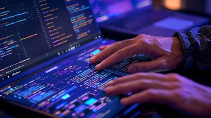 Techsavvy Developer Mastering Codebase with Precision and Focus Closeup of Hands on Trackpad with Function Definitions on Screen