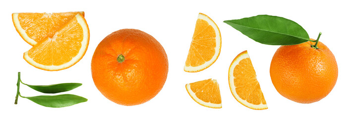 Orange fruit with slices isolated on white background. Top view. Flat lay.