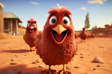 Fototapeta premium A delightful cartoon chicken with a bright smile enjoying the sunny desert landscape with cacti and fellow chickens. The scene radiates warmth, happiness, and lively charm
