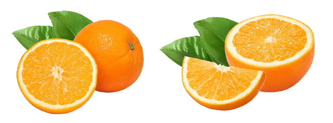 Orange fruit with half isolated on white background with full depth of field