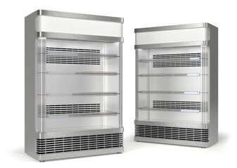Retail refrigerators with glass doors. 3d illustration set on white background