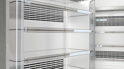 Close-up of a retail refrigerators with glass doors. 3d illustration