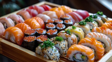 Wooden Tray Filled With Various Types of Sushi