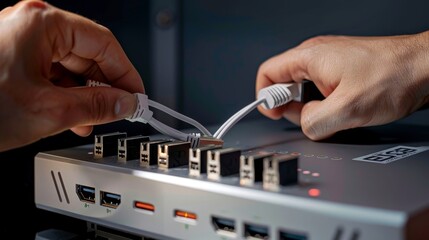 Seamless Connectivity Closeup of Hands Plugging Ethernet Cable into WiFi 7 Router with Multiple Ports Technology Connection Network Concept