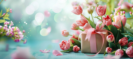 Mother's Day background with a gift and pink flowers, wide banner with copy space
