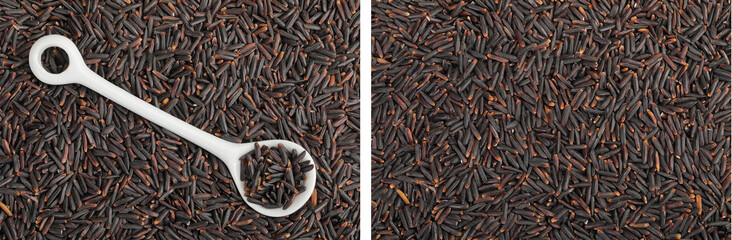Black rice in a ceramic spoon as a background. Top view. Flat lay