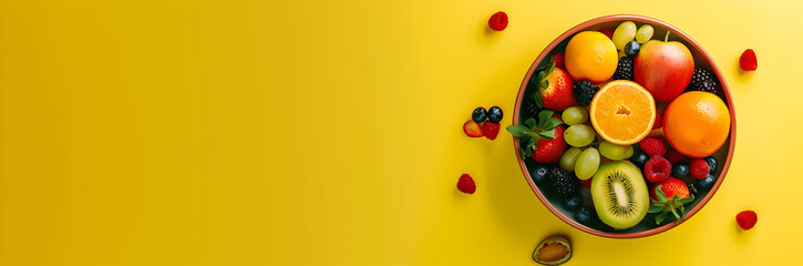 Fresh fruit bowl web banner. Fruit bowl isolated on yellow background with copy space.