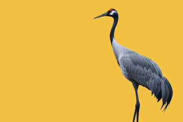 Grey crane against vibrant yellow backdrop standing tall and alert