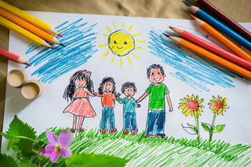 A child drew a card for family day with pencils. Happy family day. Postcard with children's hands