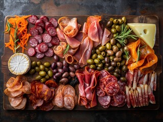 A wooden board with a variety of meats and vegetables, including olives, cheese, and carrots