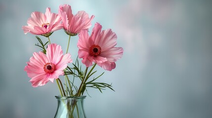   A vase, brimming with pink flowers, rests atop a weathered wooden table Nearby, a blue wall contrasts, while a gray wall remains in the background