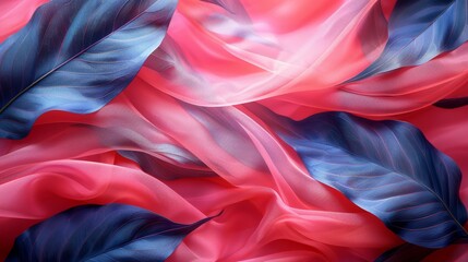   A close-up of a red and blue background with leaves at the image bottom
