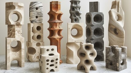   A collection of vases arranged together on a white backdrop, surrounded by a white wall behind them
