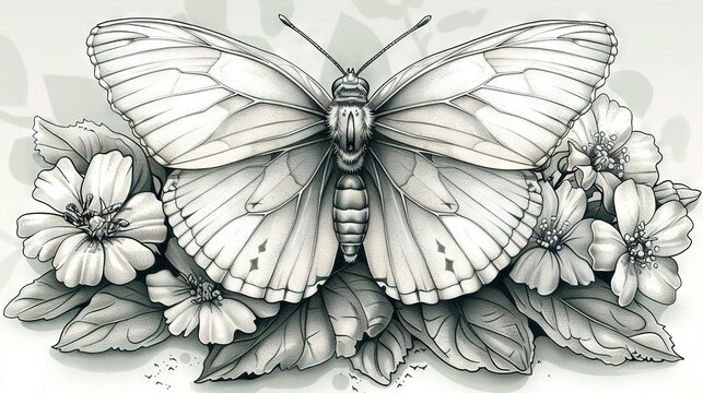   A black and white illustration depicting a butterfly adorned with floral motifs on its hindwings, with another butterfly gracing its forewings