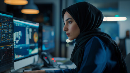 Middle Eastern Woman in Blue Hijab Analyzing Data Trends in Office
