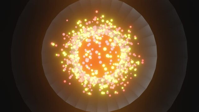Fiery confetti flying from a plasma ball, futuristic video on black background, loopable