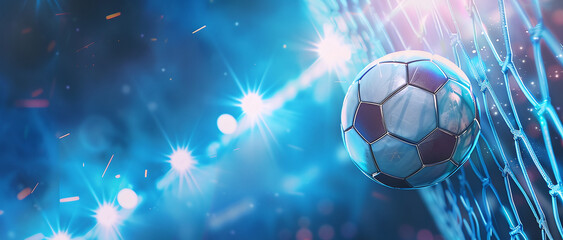 A soccer ball flies into the goal against a football background