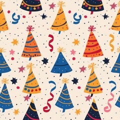 simple seamless New Year themed pattern, colorful party hats and streamers

