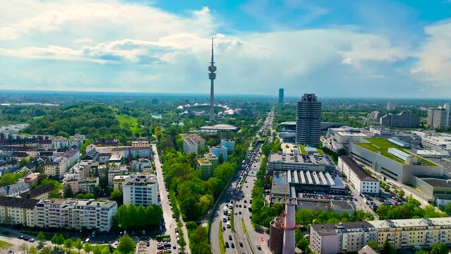 Aerial view of Olympiapark in Munich, the capital and most populous city of Bavaria, Germany